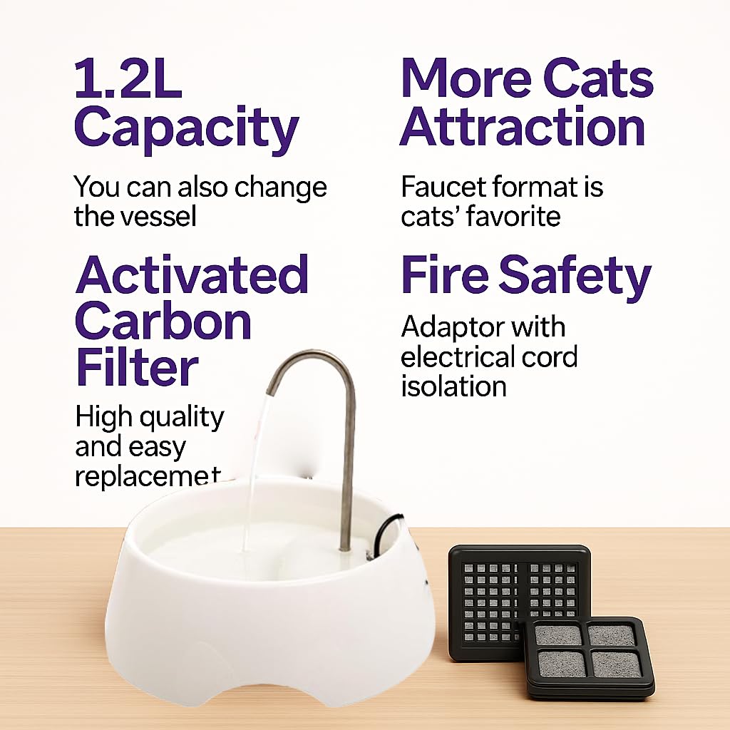 AMICUS Aqua Mini Cat & Dog Water Fountain with Stainless Steel Faucet, Activated Carbon Filter & USB Powered Quiet Pump – White