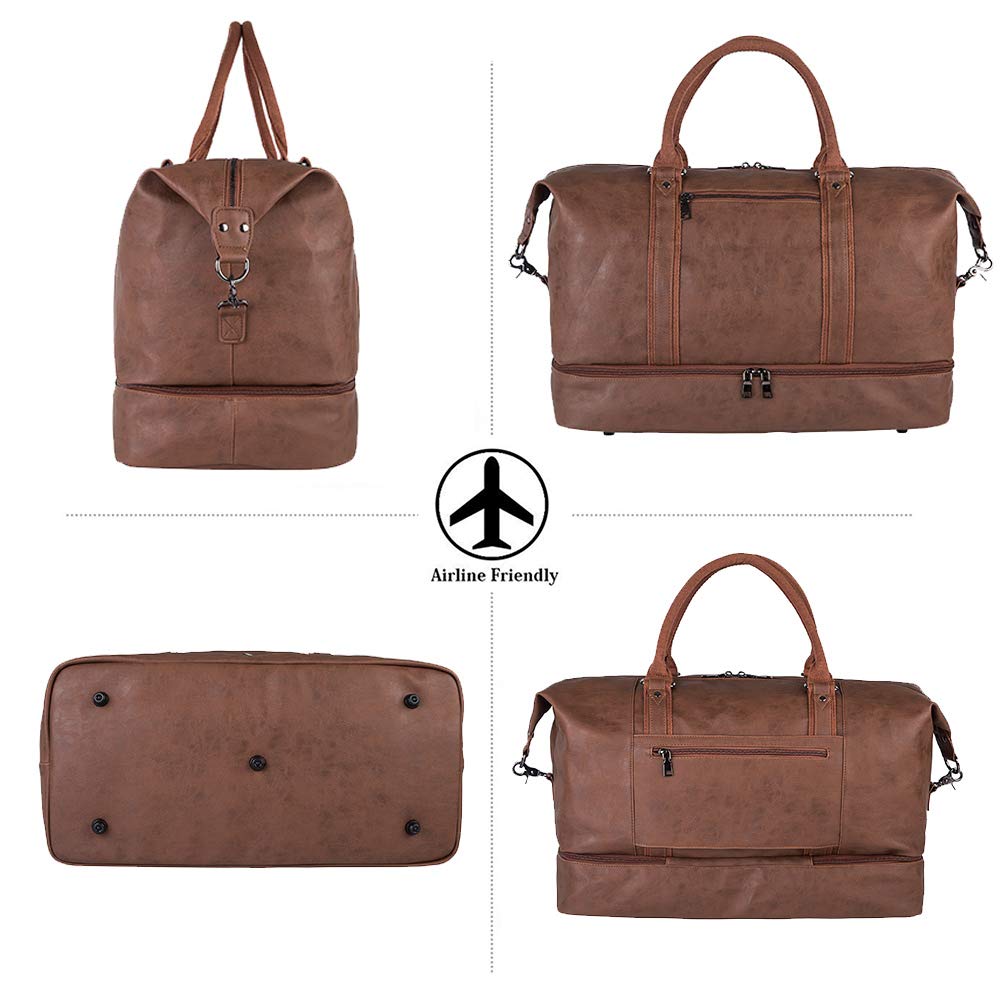 Leather Travel Duffel Bag with Shoe Compartment – Large Waterproof PU Weekender Carry-On Bag (Brown)