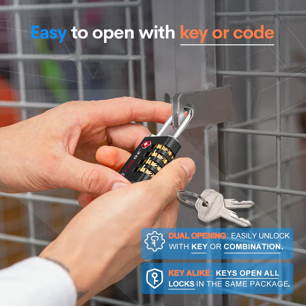 Forge TS-431 TSA Approved Luggage Lock with Key & 4-Digit Combination, Heavy Duty Zinc Alloy Travel Security Lock