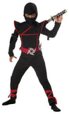 Kids Stealth Ninja Costume – Black Hooded Jumpsuit with Red Trim & Foam Armor Pads (Size Small 6–8)
