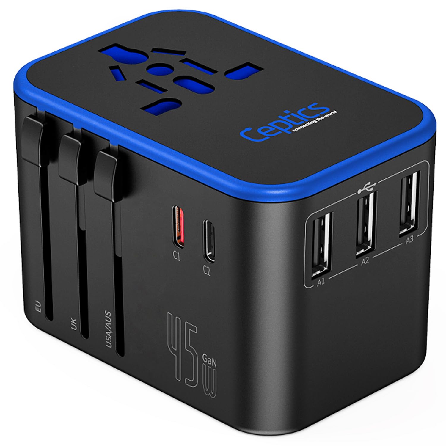 Universal Travel Power Adapter with USB-C & USB-A – Worldwide Plug Adapter for US, EU, UK, AU with 45W Fast Charging