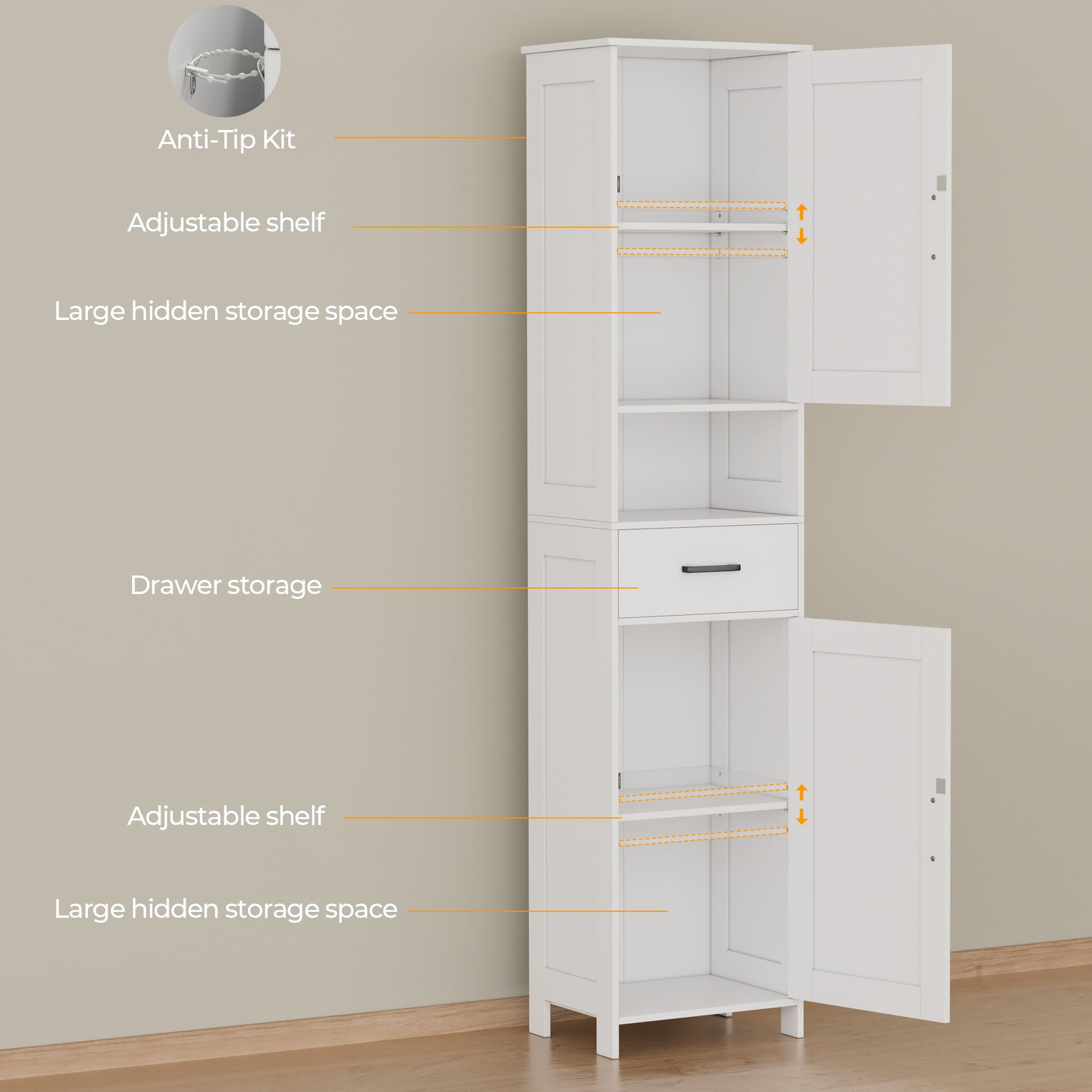 HOMHEDY 67" Tall Bathroom Storage Cabinet – Slim Floor Cabinet with Barn Doors, Drawer & Adjustable Shelves (White)
