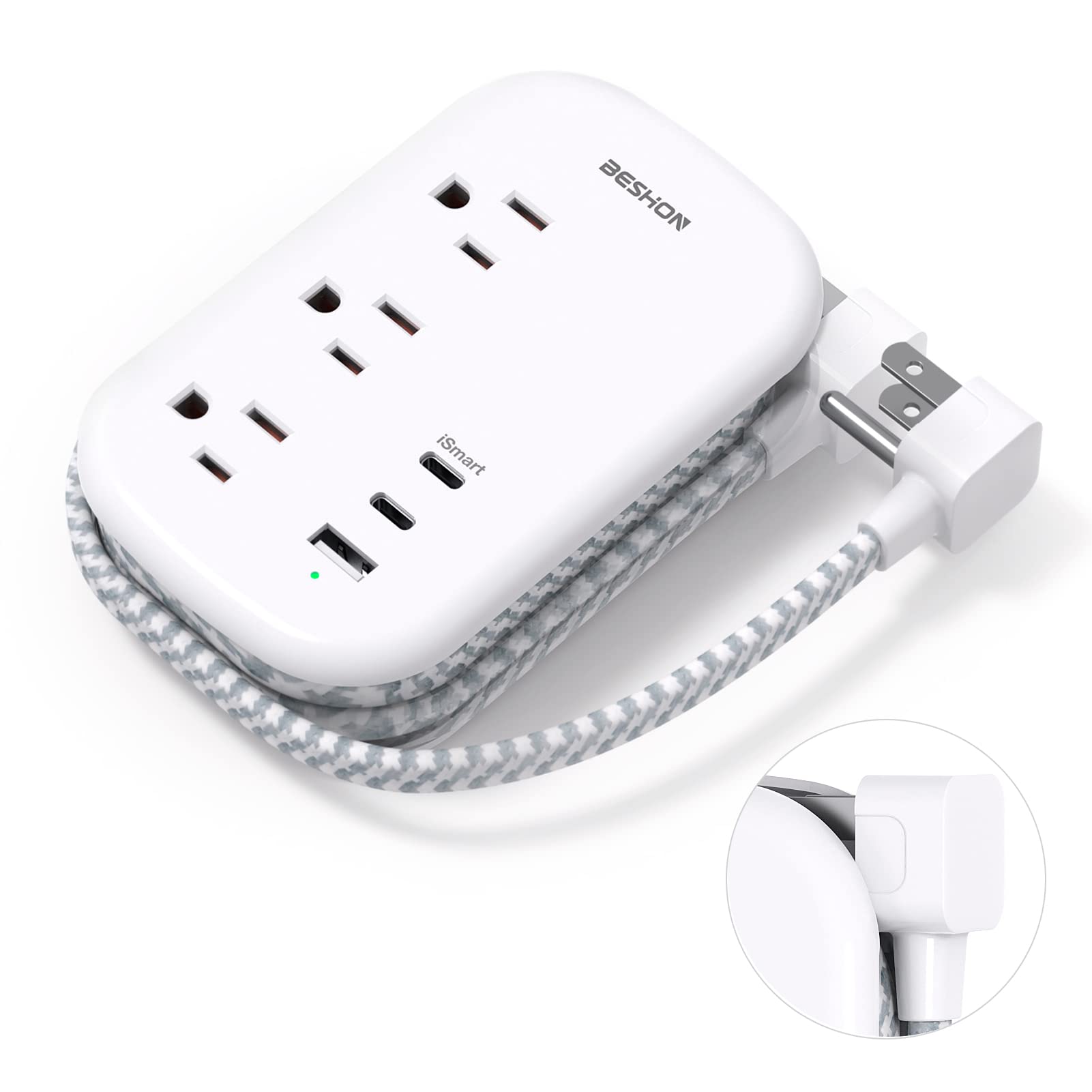 6-in-1 Travel Power Strip with USB-C – Flat Plug Extension Cord with 3 AC Outlets & 3 USB Ports