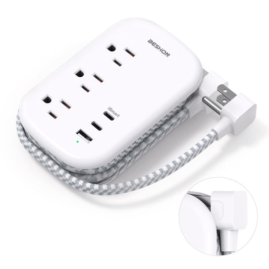6-in-1 Travel Power Strip with USB-C – Flat Plug Extension Cord with 3 AC Outlets & 3 USB Ports