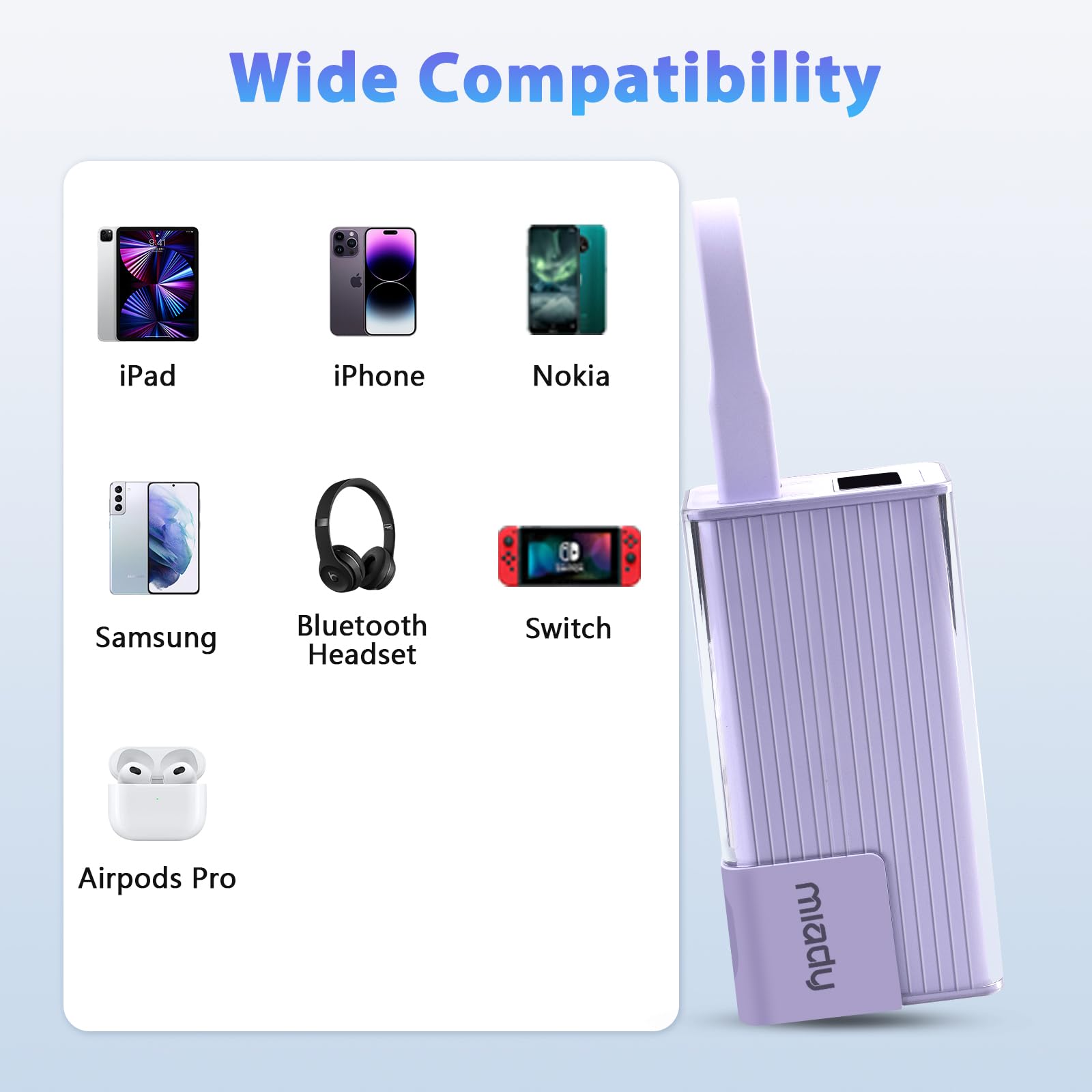 Miady 10000mAh Portable Charger PD 30W with Built-in USB-C Cable & Foldable Wall Plug, Compact Fast Charging Power Bank for iPhone & Android – Purple