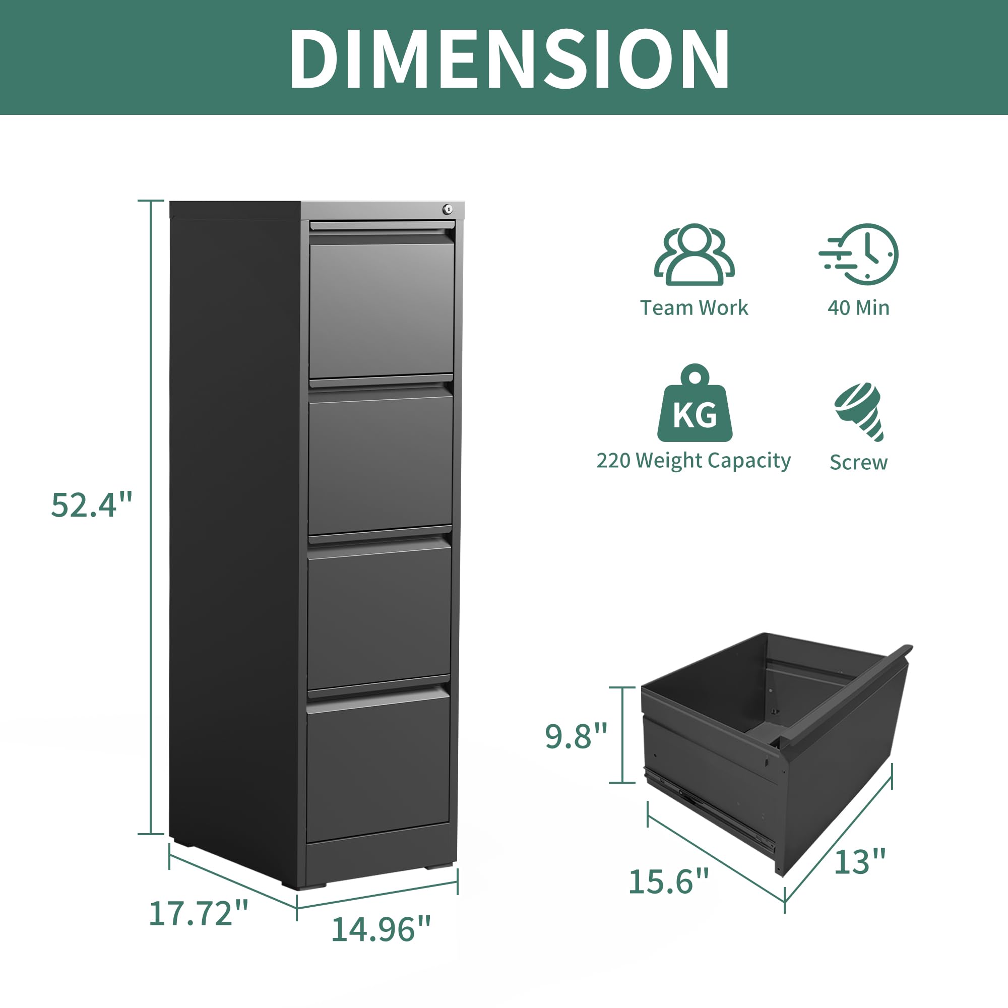4-Drawer Locking Metal File Cabinet – Vertical Steel Filing Cabinet for Letter & Legal Files, Black