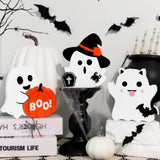 Cute Wooden Ghost Decor Set – 3-Piece Halloween Tabletop Decorations in Orange, Black & White