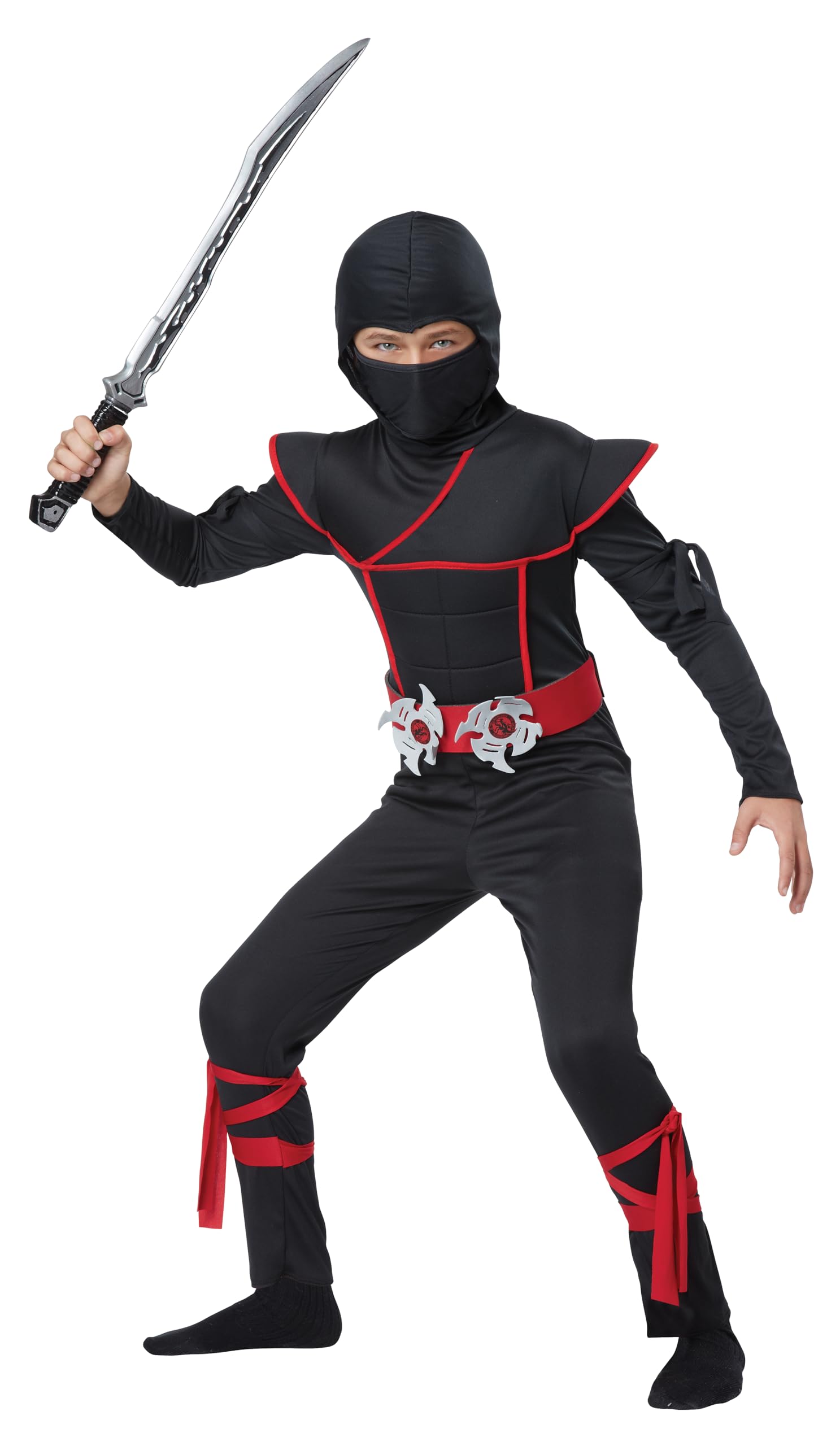 Kids Stealth Ninja Costume – Black Hooded Jumpsuit with Red Trim & Foam Armor Pads (Size Small 6–8)