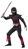 Kids Stealth Ninja Costume – Black Hooded Jumpsuit with Red Trim & Foam Armor Pads (Size Small 6–8)