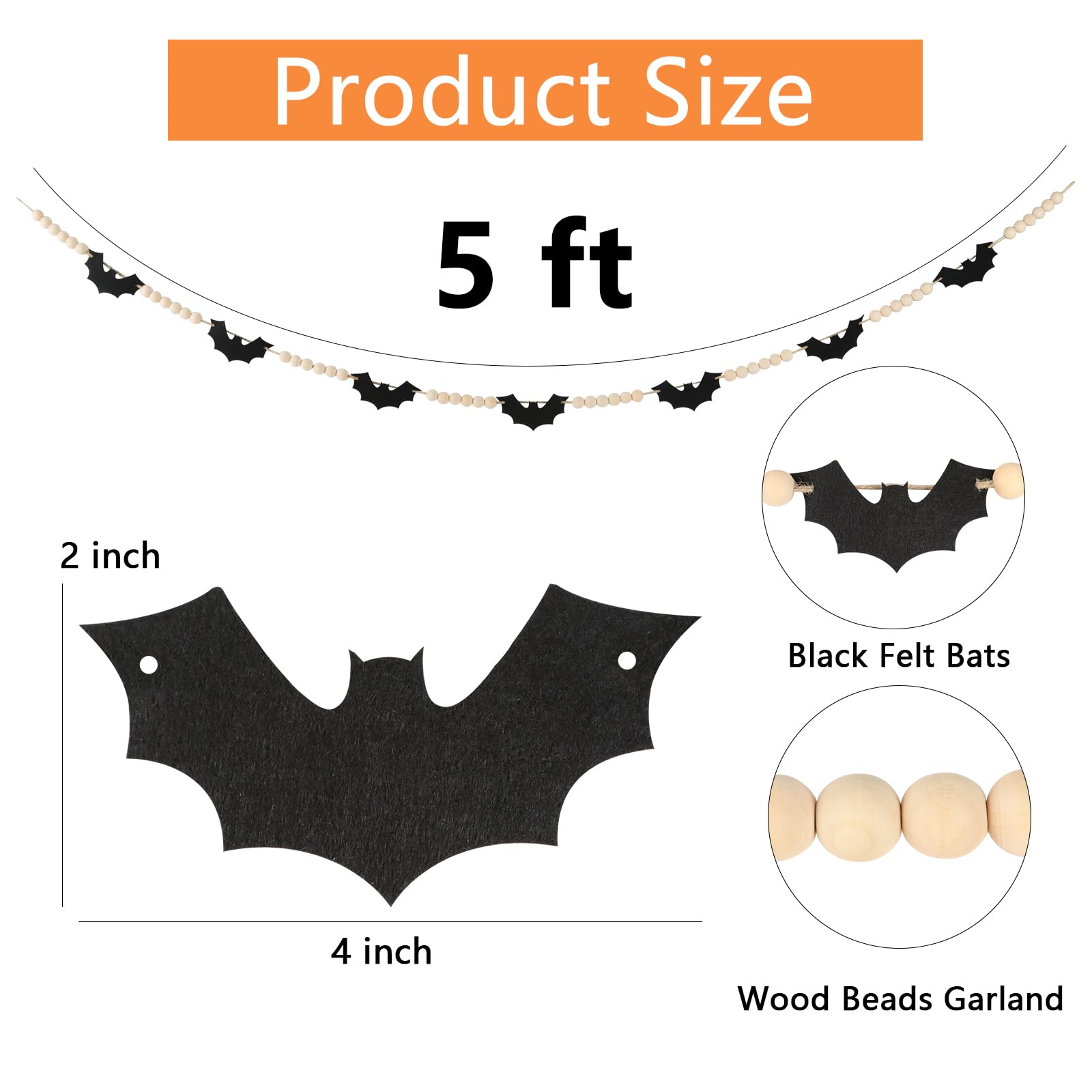 Black Felt Bat & Wood Bead Garland 🎃 – 5ft Rustic Halloween Mantel Banner for Spooky Home Décor
