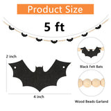 Black Felt Bat & Wood Bead Garland 🎃 – 5ft Rustic Halloween Mantel Banner for Spooky Home Décor