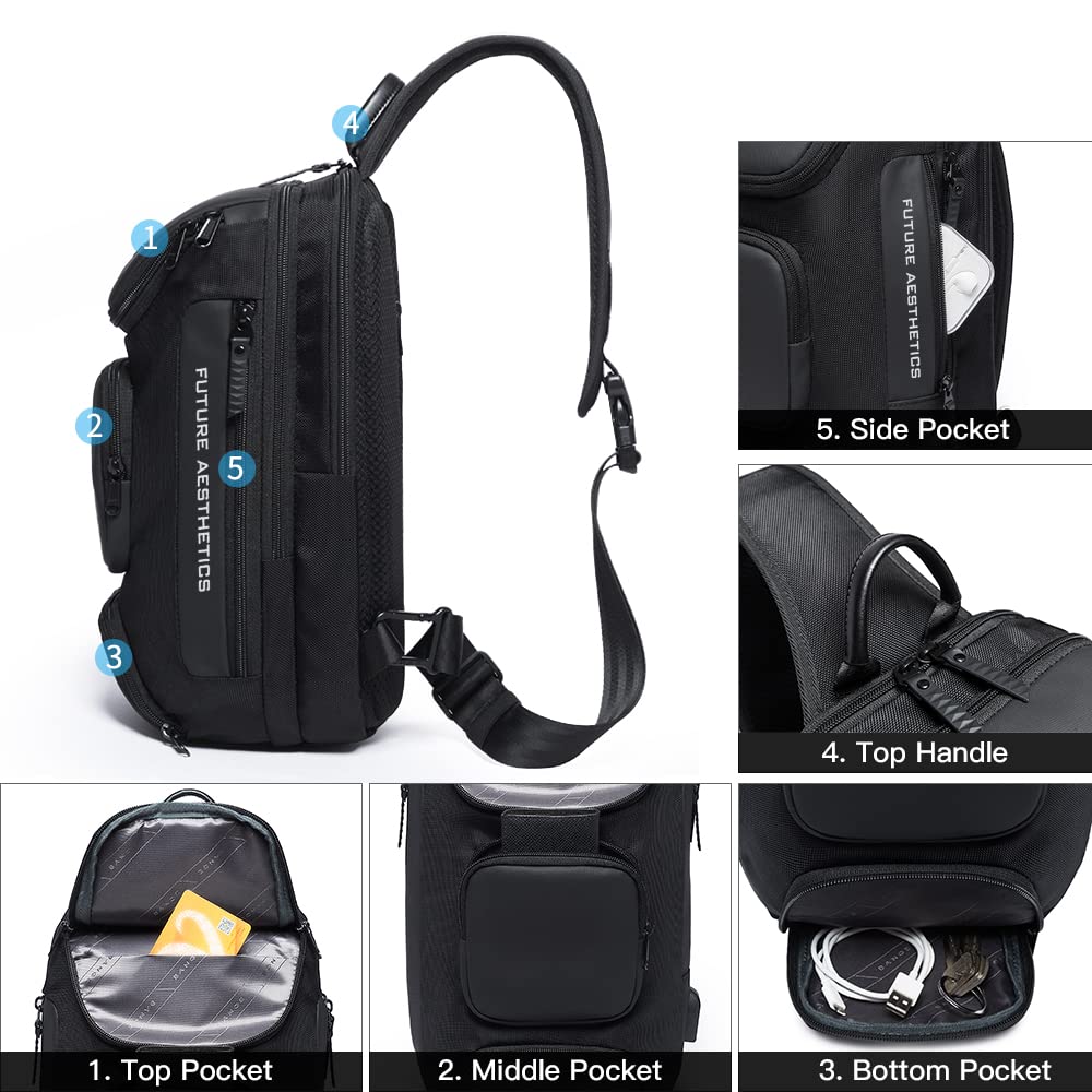 BANGE Waterproof Sling Bag with USB Charging Port – Lightweight Crossbody Chest Backpack for Men (Black)