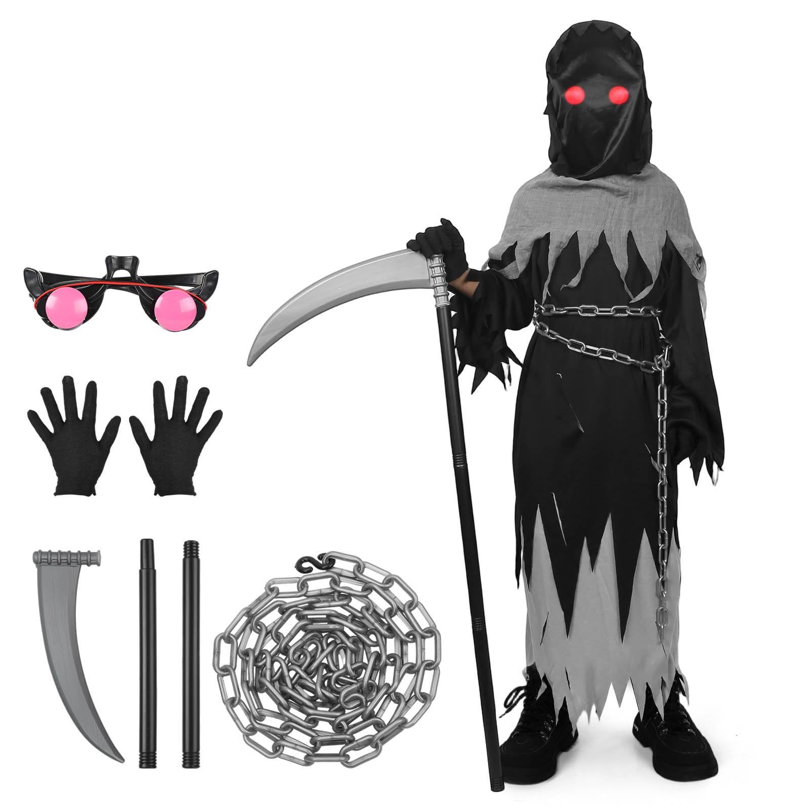 Kids Grim Reaper Halloween Costume – Glowing Red Eyes, Hooded Robe & Scythe Set ☠️👁️