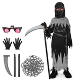 Kids Grim Reaper Halloween Costume – Glowing Red Eyes, Hooded Robe & Scythe Set ☠️👁️
