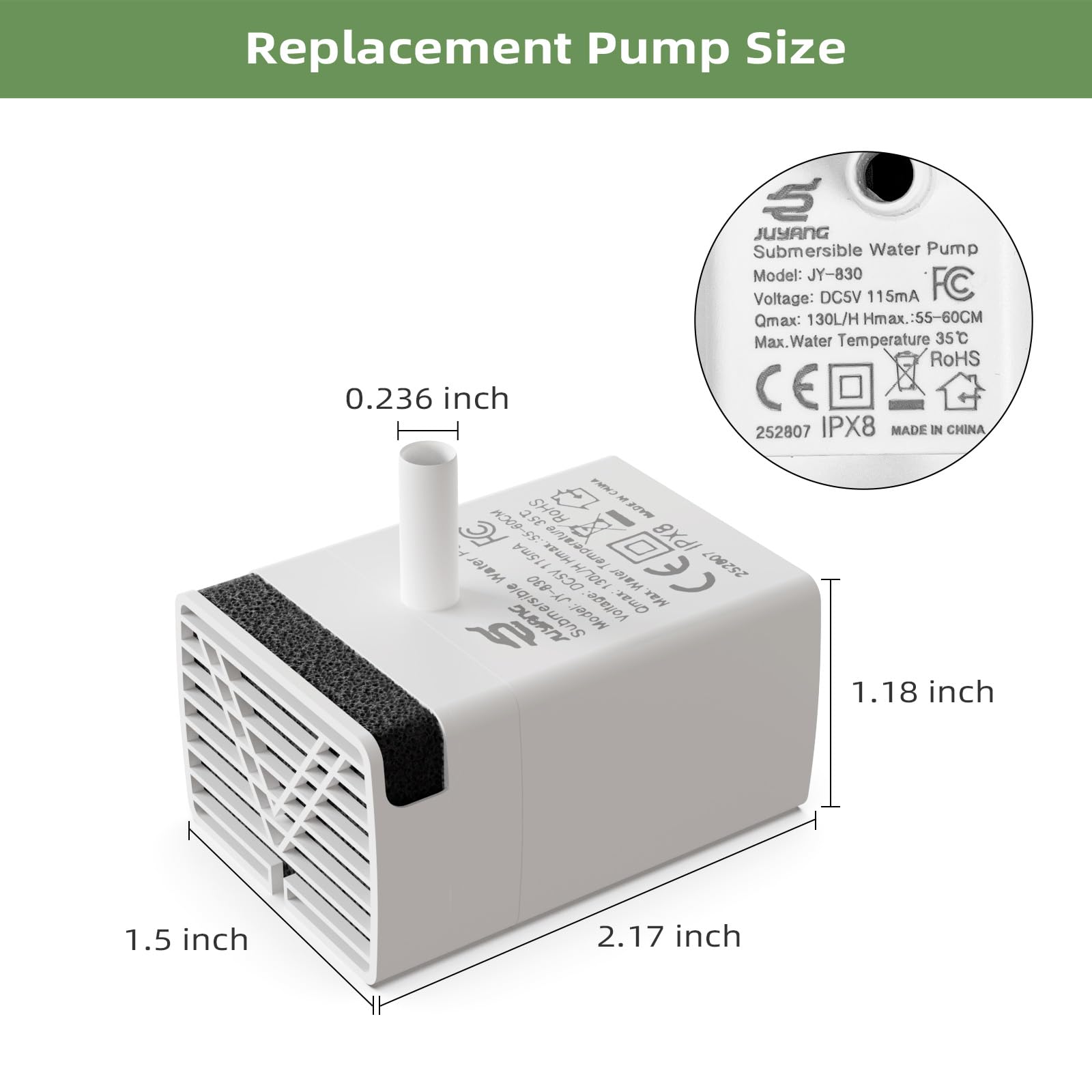 Universal Ultra-Quiet Replacement Pump for Pet Water Fountain – Continuous Flow Motor (White)