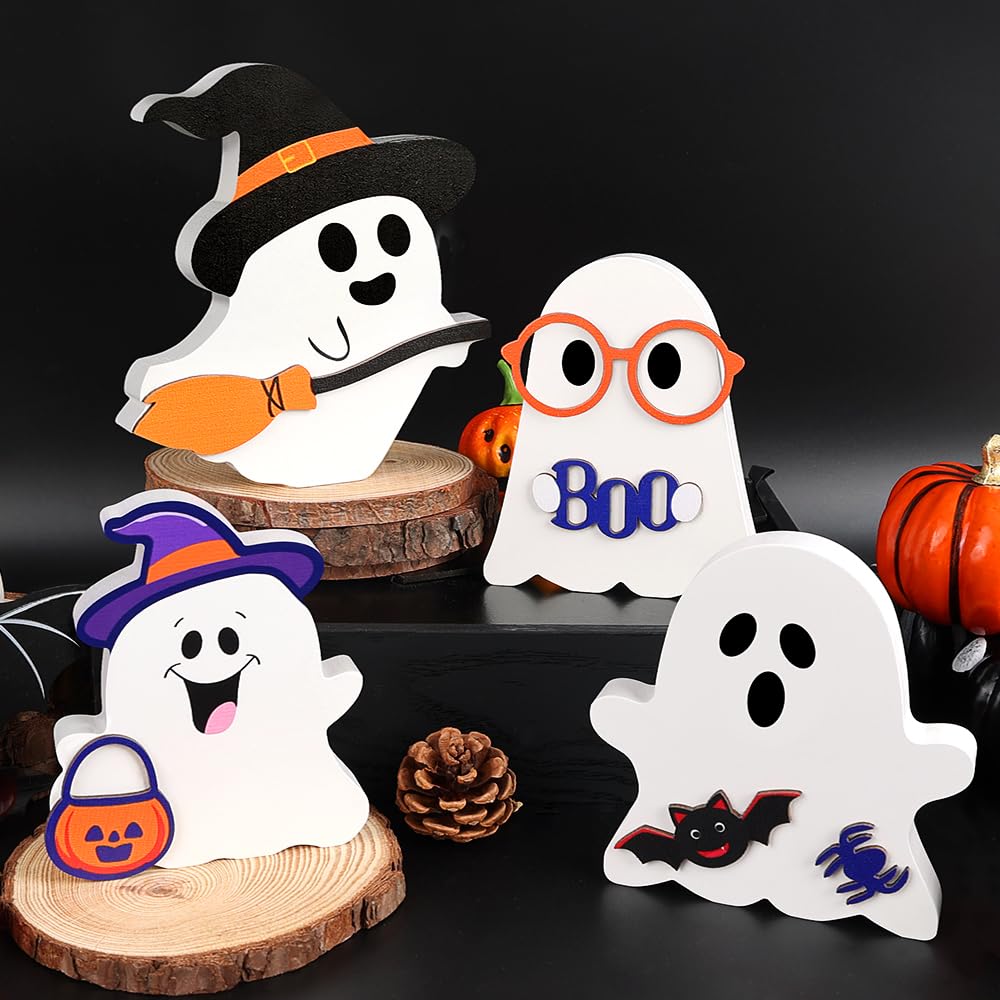 Halloween Wooden Ghost Decorations – 4 Pack Freestanding Colorful Tabletop Décor for Home, Coffee Bar & Fireplace Mantle