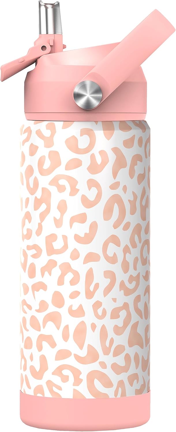 Girls Bow Water Bottle for School，Kids 18 oz Insulated Stainless Steel Cup with Straw, Double-Wall Vacuum Leakproof