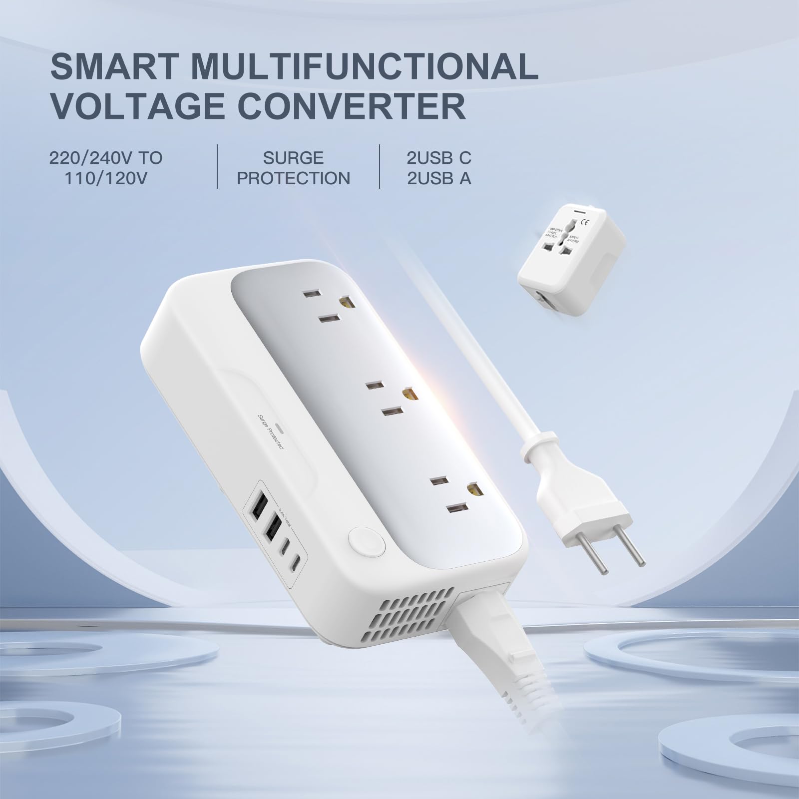 250W Universal Voltage Converter – US to Europe 220V to 110V Travel Power Converter with Worldwide Plug Set (White)