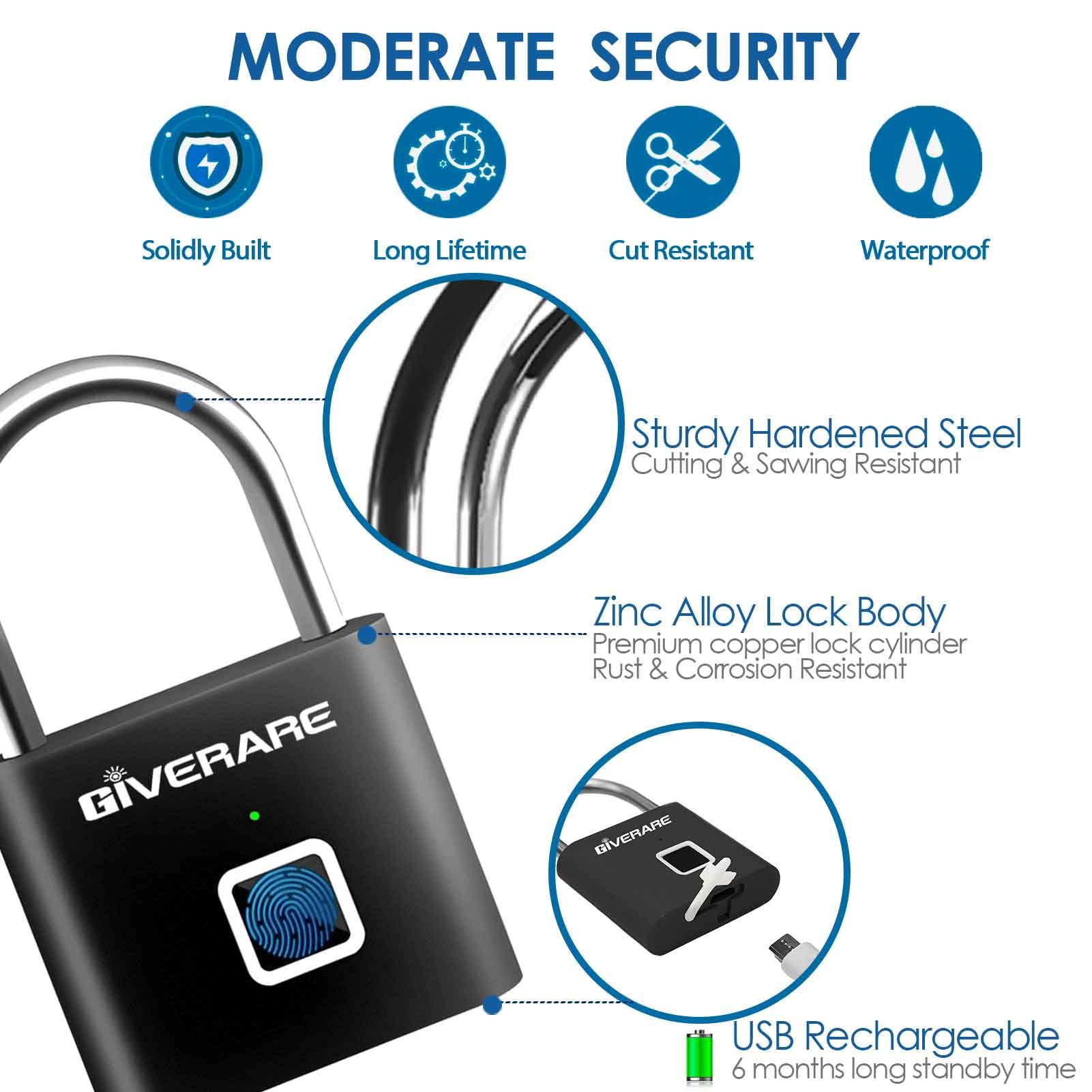 Rechargeable Fingerprint Smart Padlock, Keyless Biometric Security Lock with USB Charging for Gym, Luggage, Bike & Storage