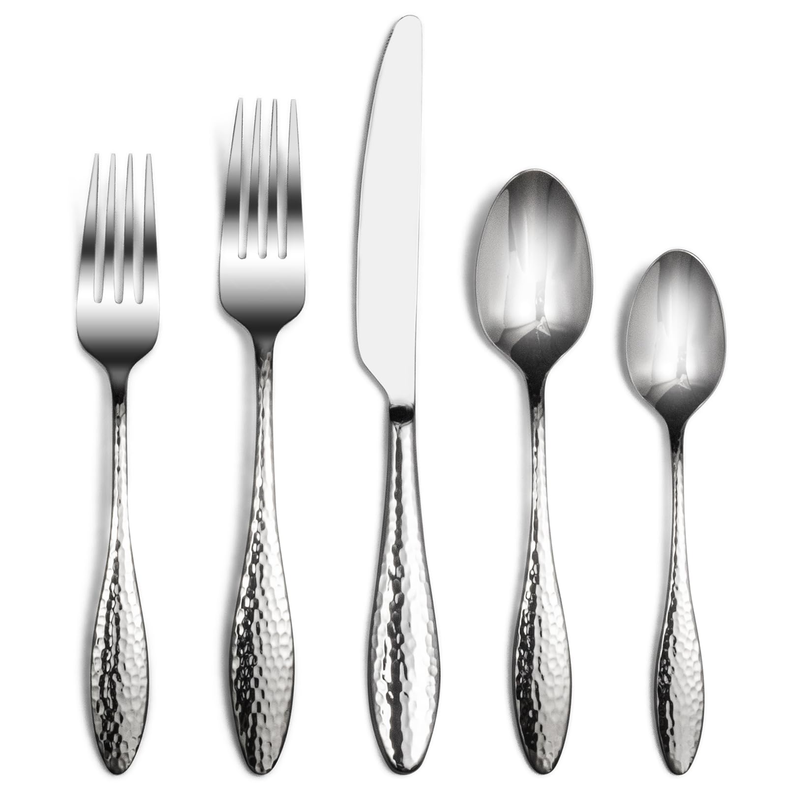 40-Piece Hammered Stainless Steel Flatware Set for 8 – 18/10 Cutlery, Mirror Finish (Silver)