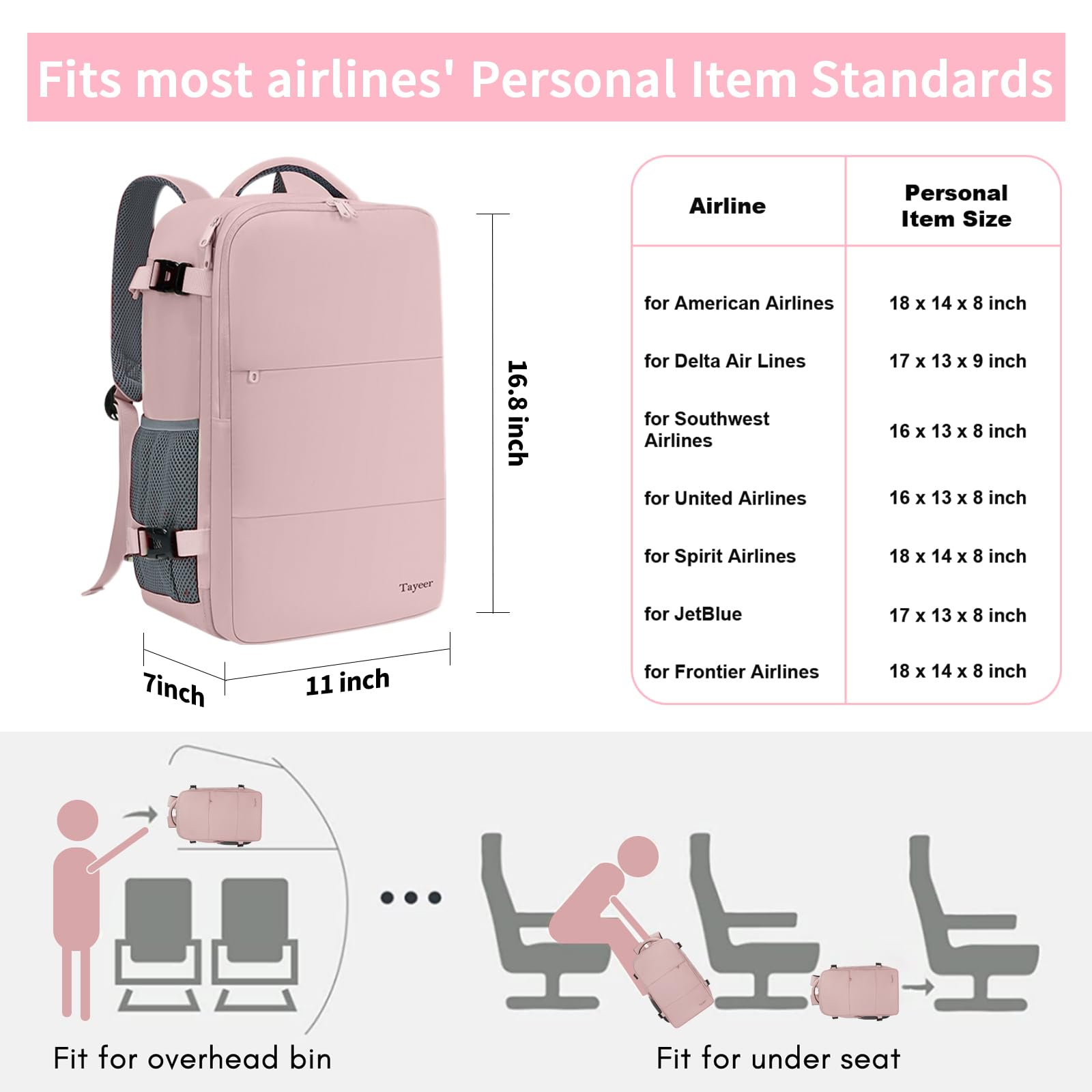 TAYGEER Women’s Carry-On Travel Backpack with USB Port & Shoe Compartment – TSA Approved – Amour Pink