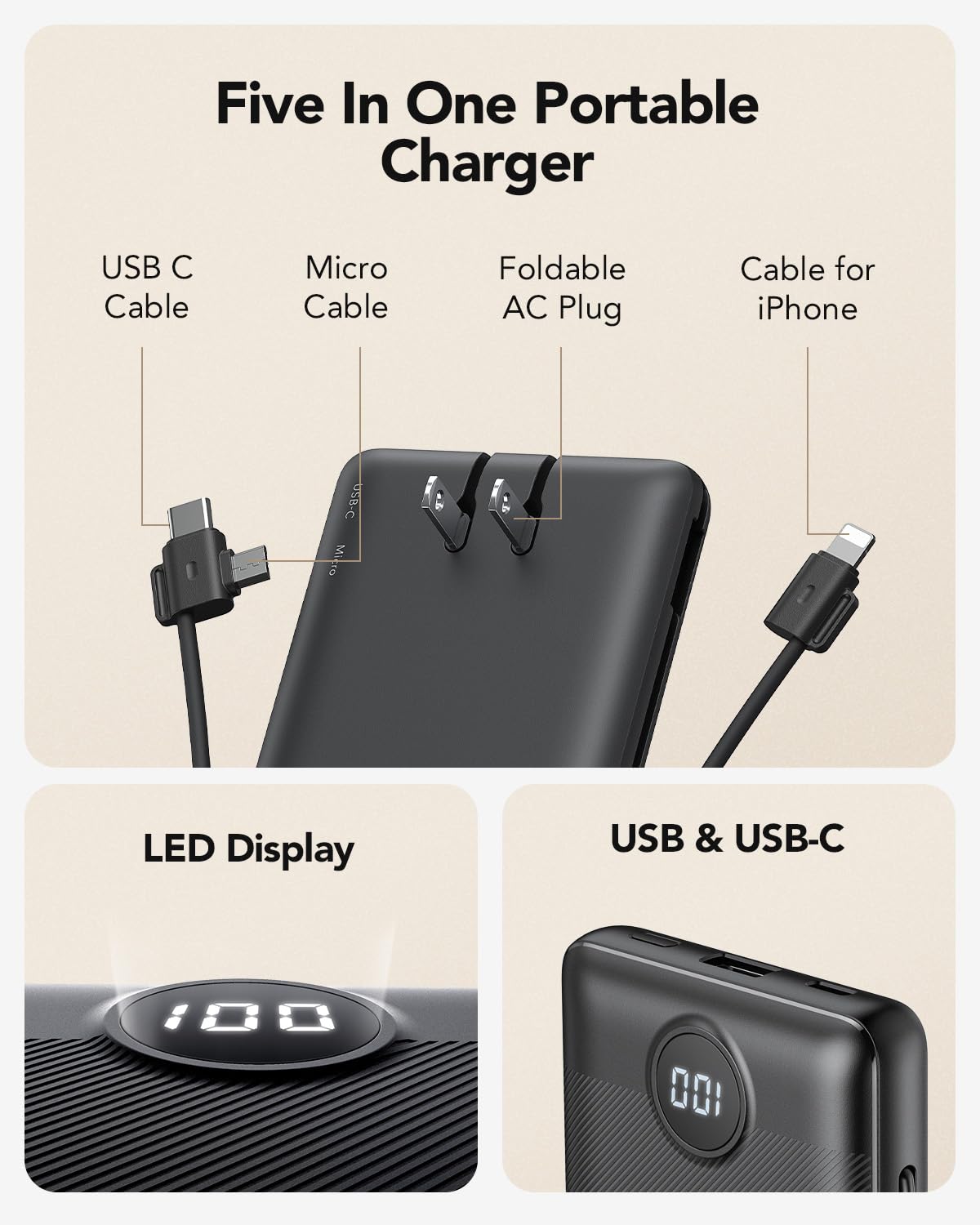 10000mAh Portable Charger Power Bank with Built-in Cables & AC Wall Plug, Slim Fast Charging Battery Pack for iPhone & Android – Black