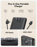 10000mAh Portable Charger Power Bank with Built-in Cables & AC Wall Plug, Slim Fast Charging Battery Pack for iPhone & Android – Black