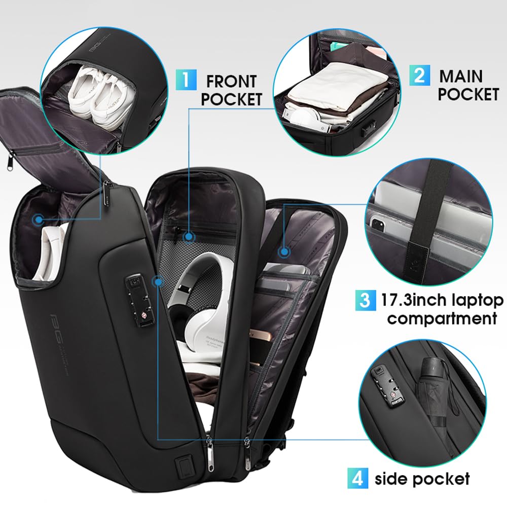 BANGE Anti-Theft Business Laptop Backpack – Waterproof Travel Backpack with USB 3.0 Fast Charging, Fits 17.3” Notebooks (Black)