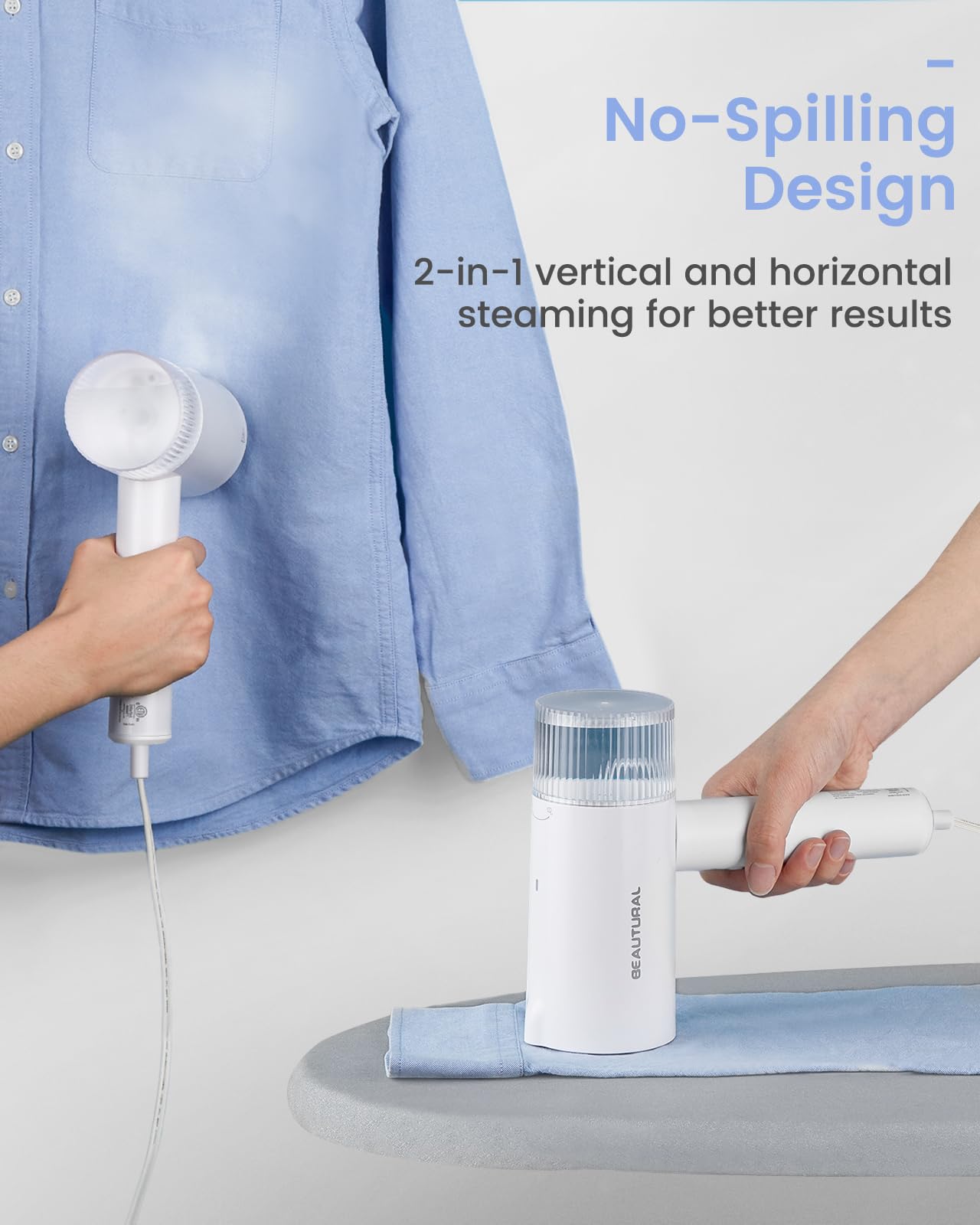 Beautural White Foldable Portable Garment Steamer 1000W Handheld Travel Steam Iron with Leak-Proof Multi-Angle System