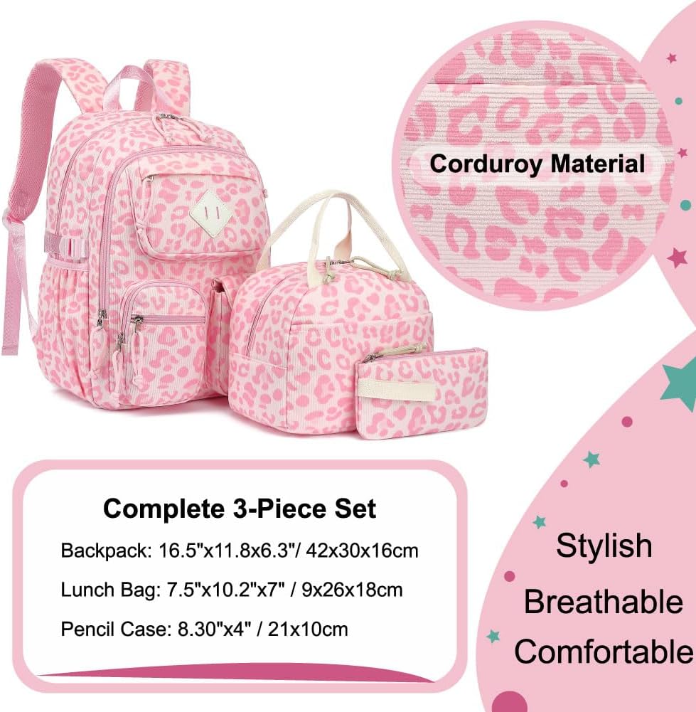 Pink Leopard Corduroy 3-Piece School Backpack Set