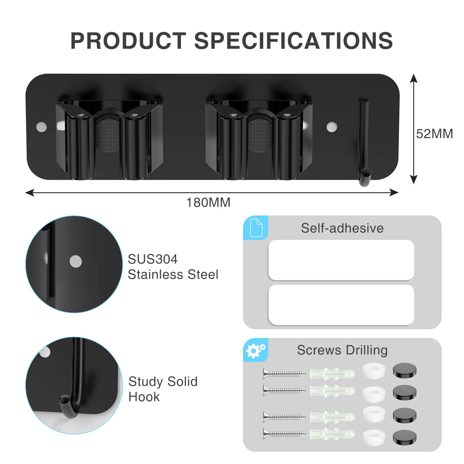 HOMEASY Wall-Mount Mop & Broom Holder – Heavy-Duty Stainless Steel Organizer with Hooks (Black, 2 Pack)
