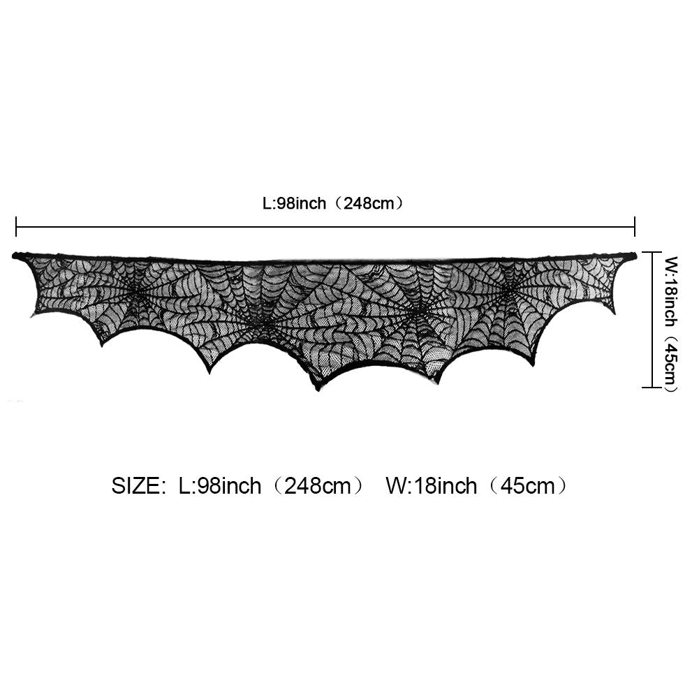 Black Lace Spider Web Mantel Scarf – Elegant Halloween Fireplace Decoration for Spooky Home Décor (18x96 Inches)