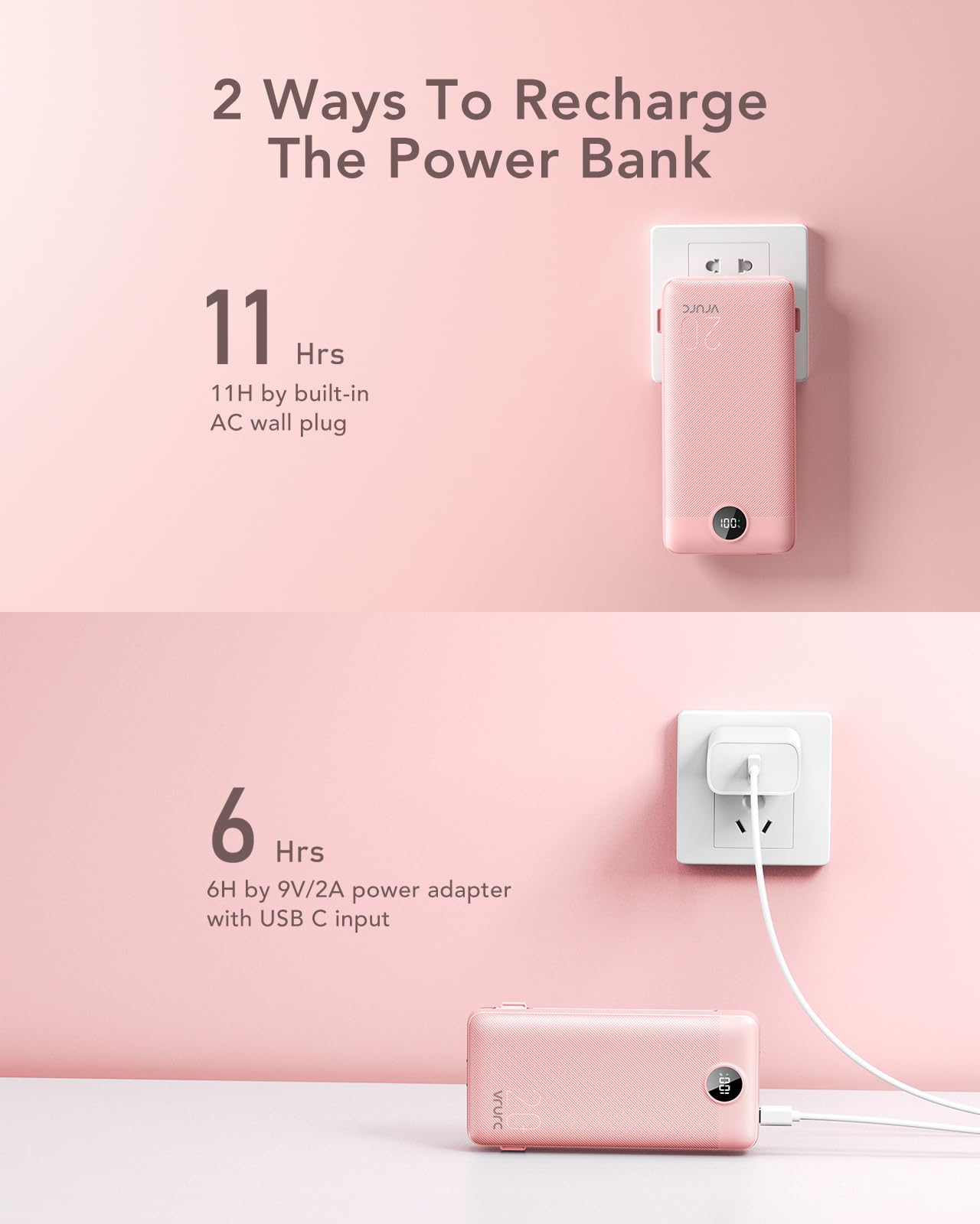 20000mAh Fast Charging Power Bank with Built-In Wall Plug & Cables – 22.5W QC Portable Charger (Pink)