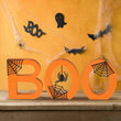 BOO Halloween Wooden Sign – Double-Sided Tabletop Decor with Metal Spiderwebs & Pumpkin Orange Letters