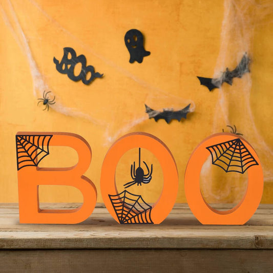BOO Halloween Wooden Sign – Double-Sided Tabletop Decor with Metal Spiderwebs & Pumpkin Orange Letters