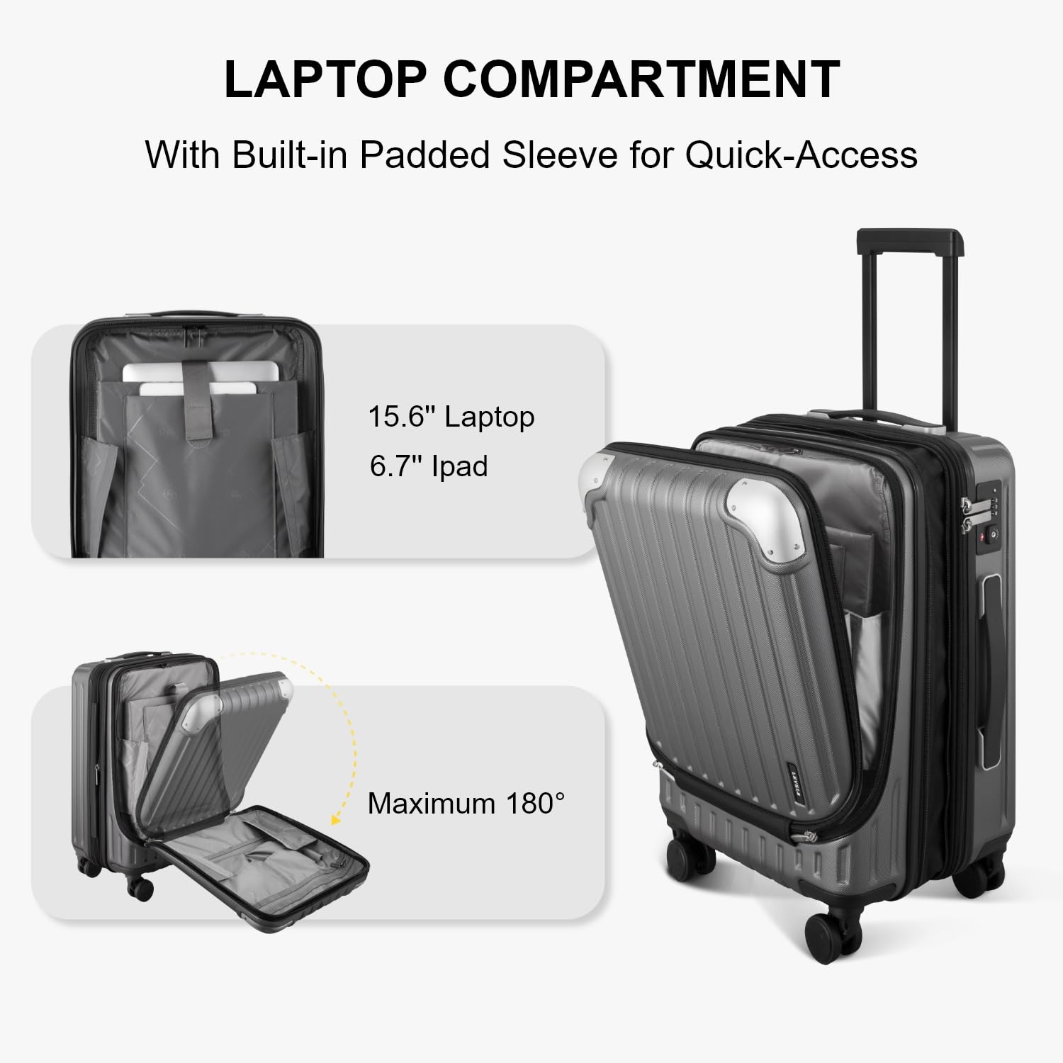 LEVEL8 Grace 20” Expandable Carry-On Luggage with Front Laptop Compartment, Hard Shell Spinner Suitcase with TSA Lock (Grey)