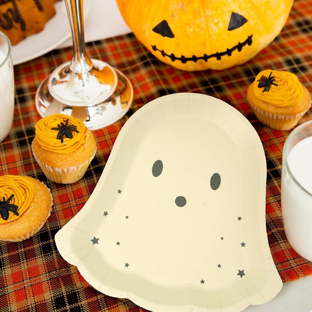 Beige Ghost Halloween Paper Plates – 24 Pcs 8.5" Cute Neutral Disposable Plates for Parties, Baby Showers & Summerween
