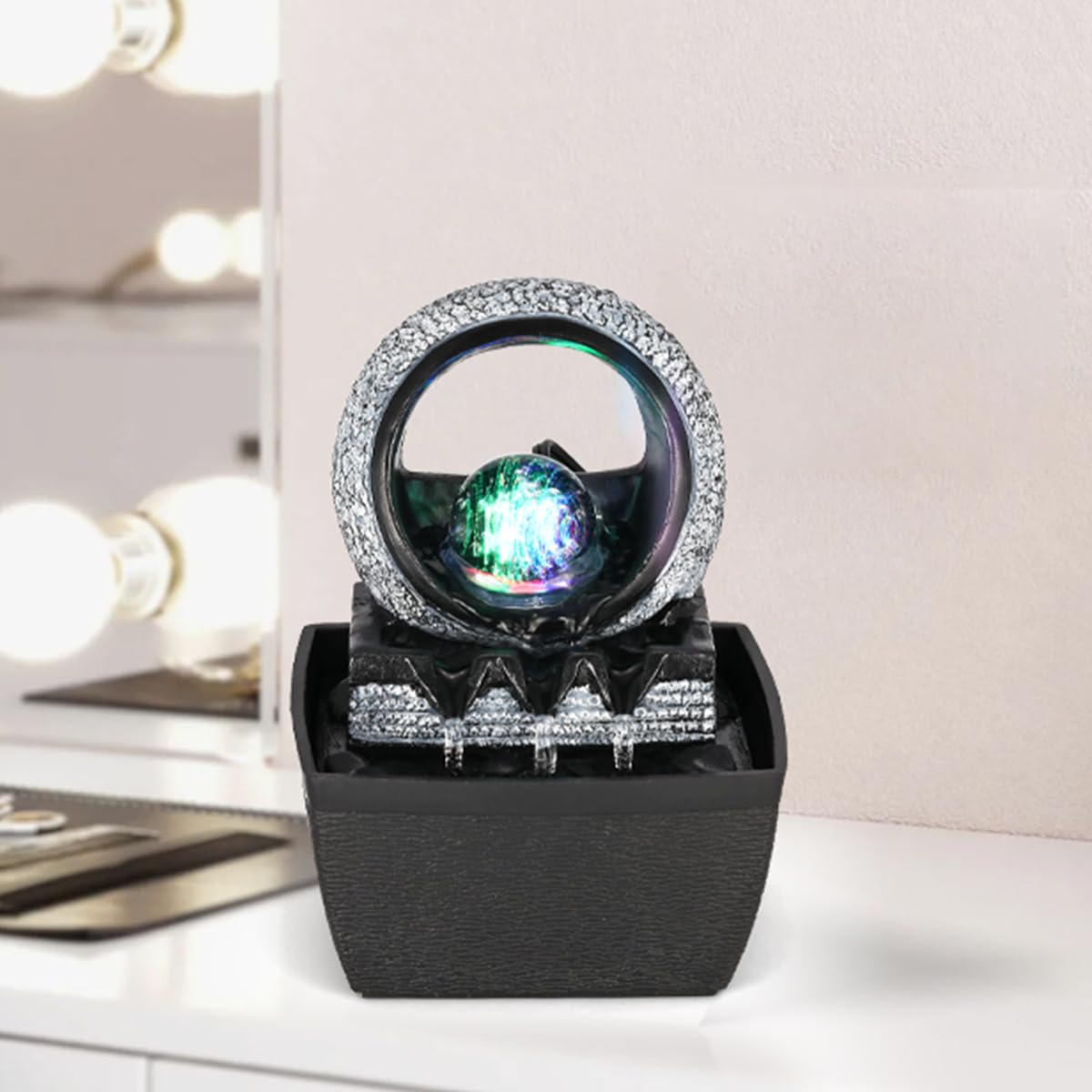 LED Rolling Ball Tabletop Water Fountain – Adjustable 3-Level Indoor Zen Decor (Painted Resin)