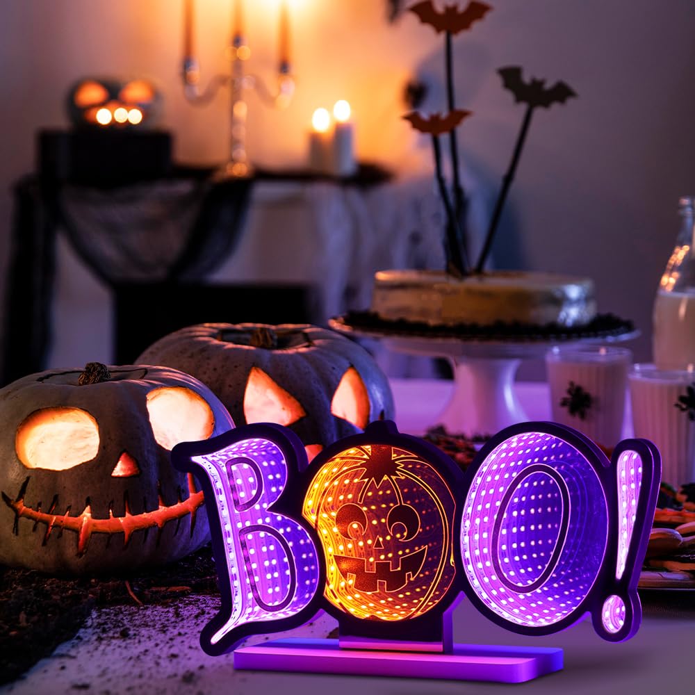 USB Halloween Tunnel Light “BOO!” 🎃 – Infinity Mirror Pumpkin Light with Orange & Purple LED Glow
