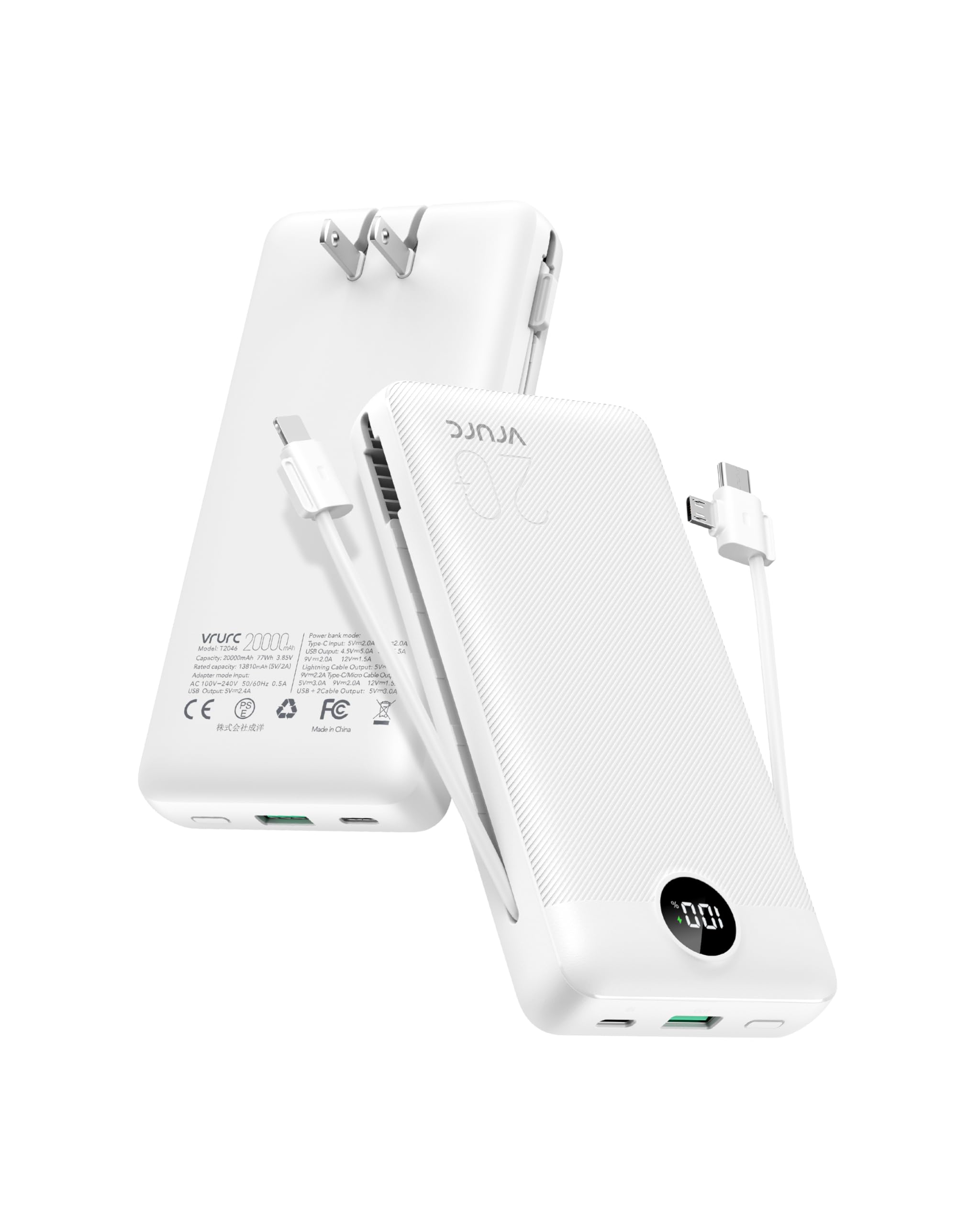 20000mAh Power Bank with Built-in AC Wall Plug & Cables – 22.5W Fast Charging Portable Charger with LED Display for iPhone, Samsung & USB Devices