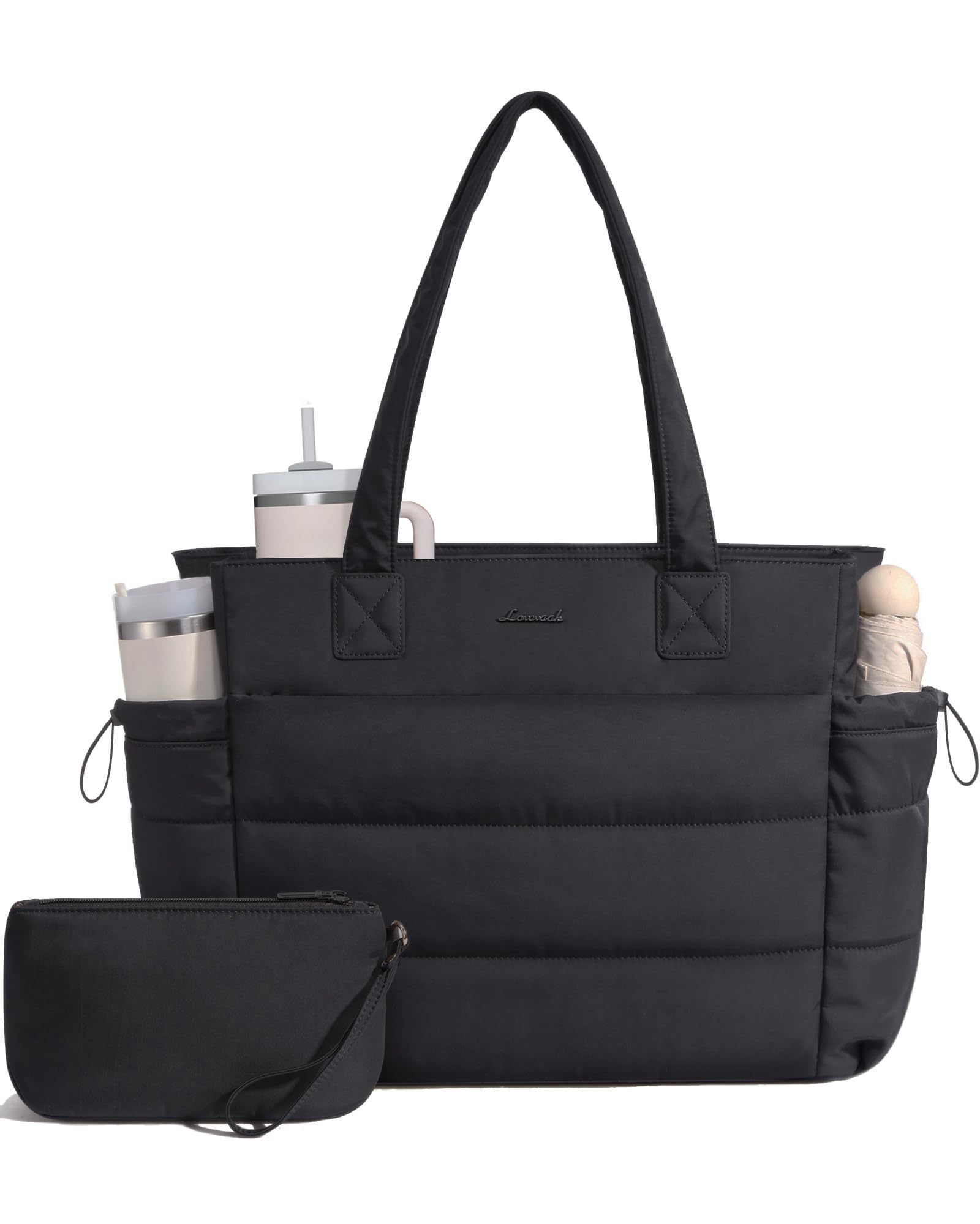 LOVEVOOK Puffer Tote Bag for Women – Ultralight Quilted Work & Travel Tote with Giant Tumbler Holder, Zipper & Laptop Compartment (Black)