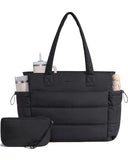 LOVEVOOK Puffer Tote Bag for Women – Ultralight Quilted Work & Travel Tote with Giant Tumbler Holder, Zipper & Laptop Compartment (Black)