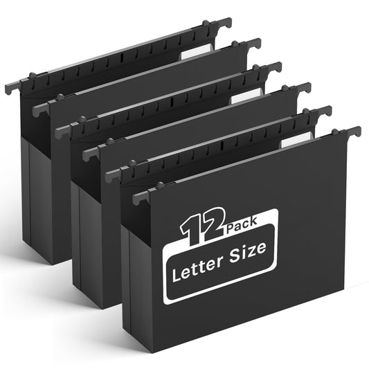 Heavy-Duty Plastic Hanging File Folders – Expandable Letter Size Filing System with Tabs (Black, 12-Pack)