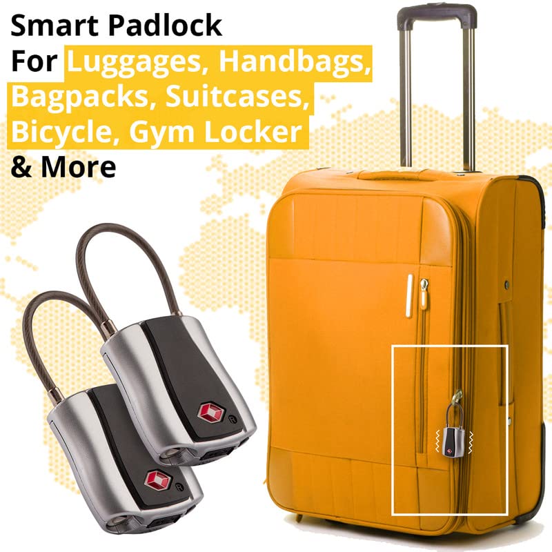 Bluetooth Smart Travel Padlock with App Control, TSA Approved Keyless Lock, Rechargeable Waterproof Luggage Security Lock Silver