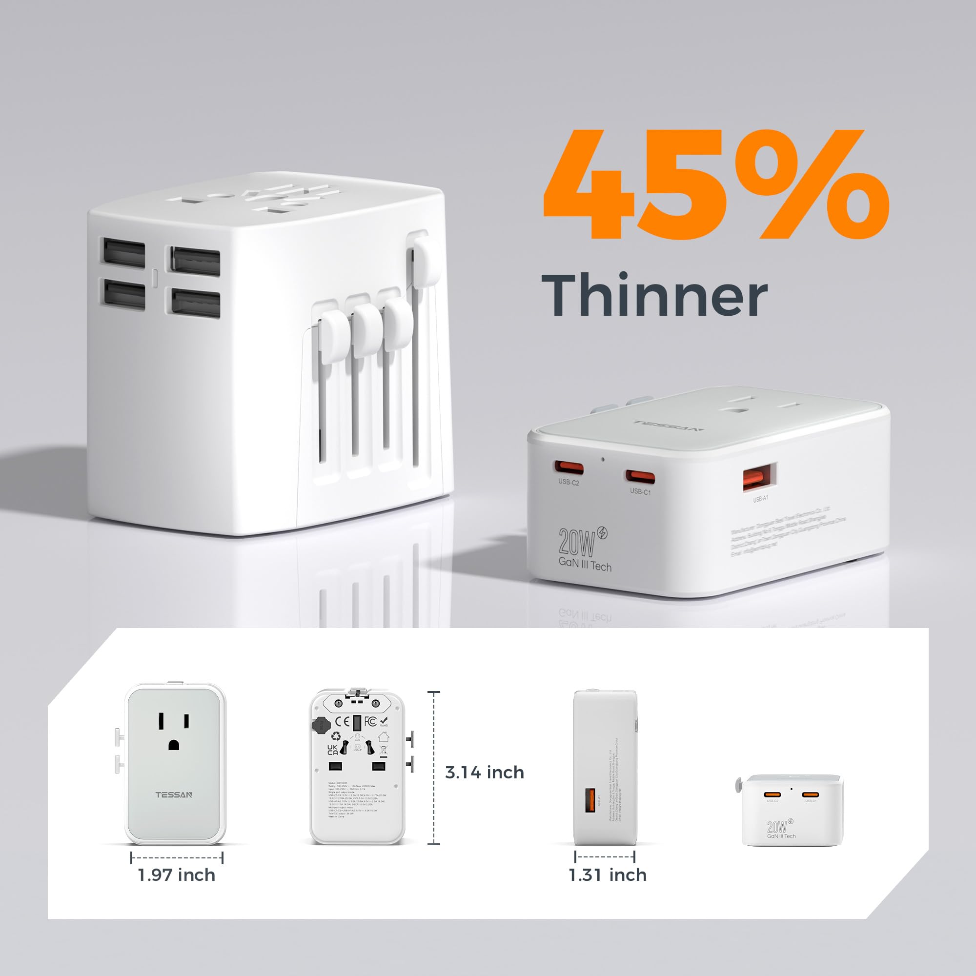TESSAN 20W Universal Travel Adapter Worldwide with Dual USB-C & USB-A Ports, 4-in-1 International Plug Converter for Europe UK USA Australia – Grey