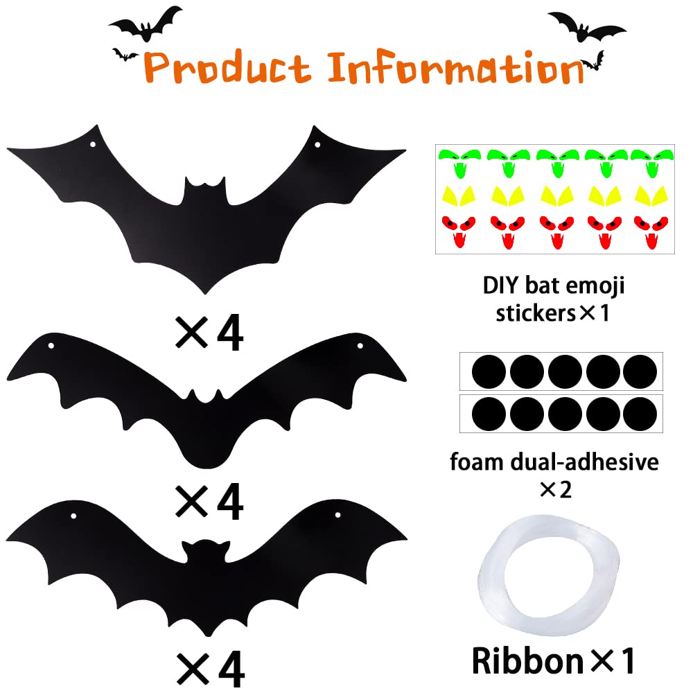 12PCS 3D Hanging Bats with Glowing Eyes – Waterproof Outdoor Halloween Decorations with 15 Pairs of Fluorescent Eye Stickers