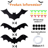12PCS 3D Hanging Bats with Glowing Eyes – Waterproof Outdoor Halloween Decorations with 15 Pairs of Fluorescent Eye Stickers