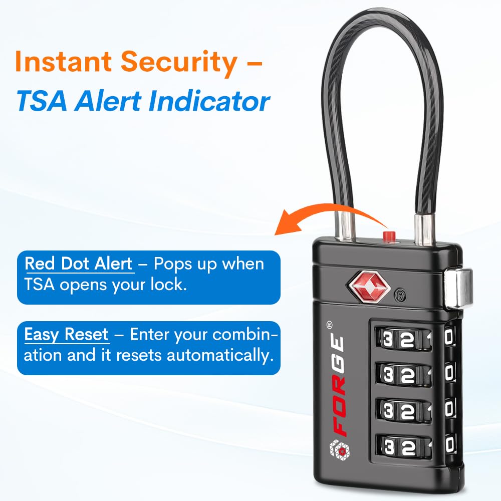 Forge Optimus TSA008 Cable Luggage Lock 2 Pack, Heavy Duty 4-Digit Combination Travel Security Lock with Open Alert Indicator