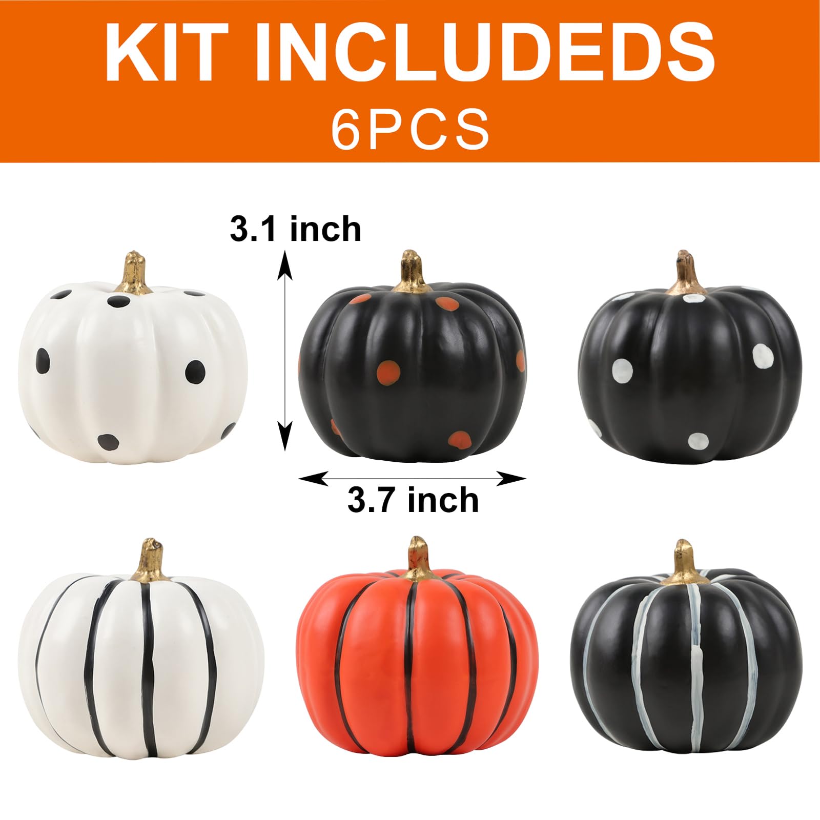 Hand-Painted Black & White Halloween Pumpkins Set – 6 Foam Decorative Pumpkins with Dots & Stripes