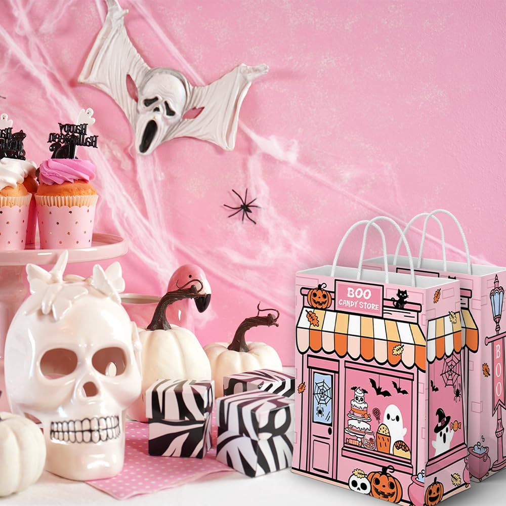 Lofaris 24 Pcs Halloween Bags 16x8x22cm, Boo Candy Store Treat Bags with Cute Ghosts & Pumpkins, Pink & Orange Party Favor Bags for Kids, Trick or Treat Goodie with Handles
